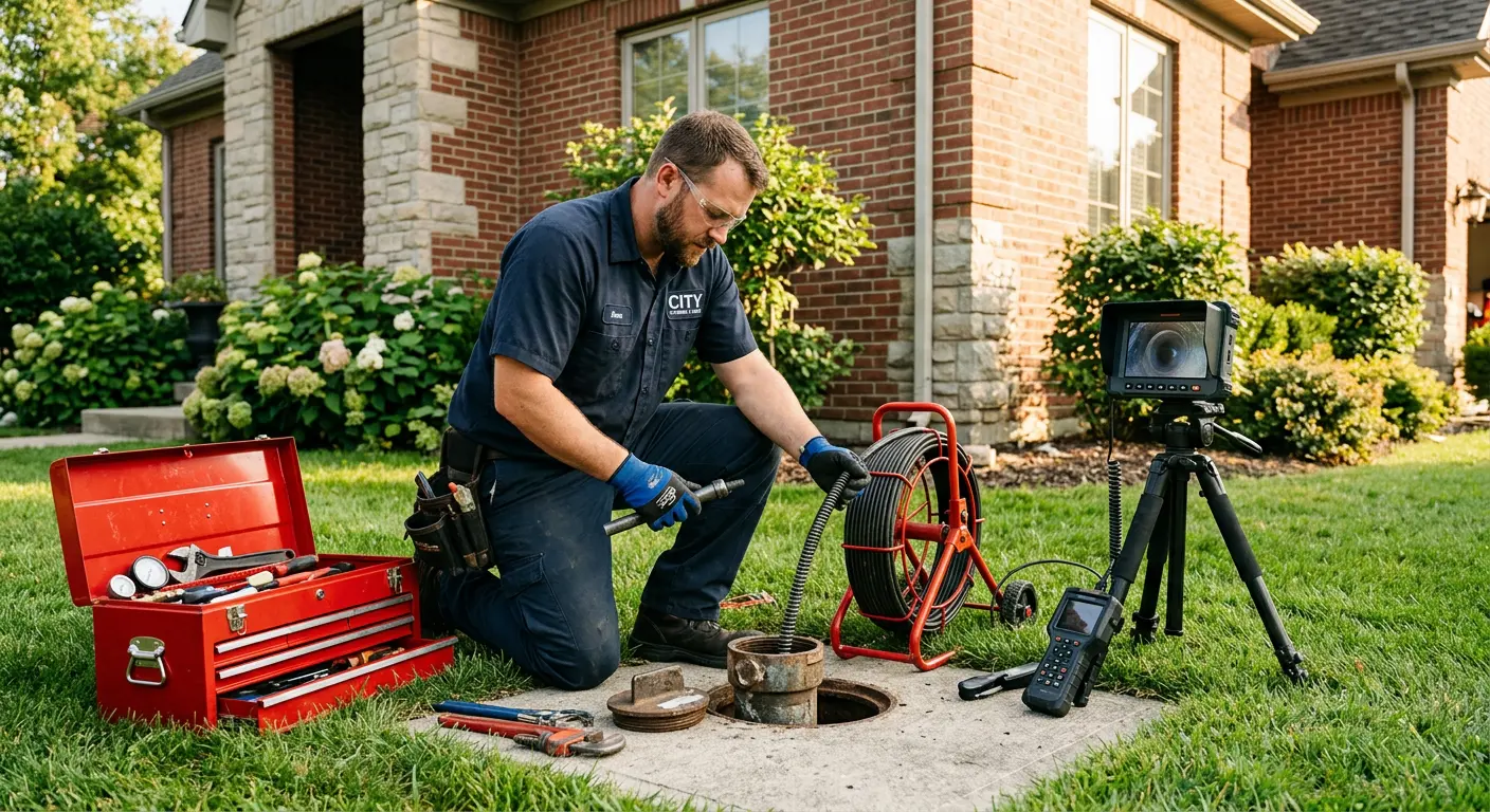 Sewer specialist with camera equipment servicing a cleanout in Lee