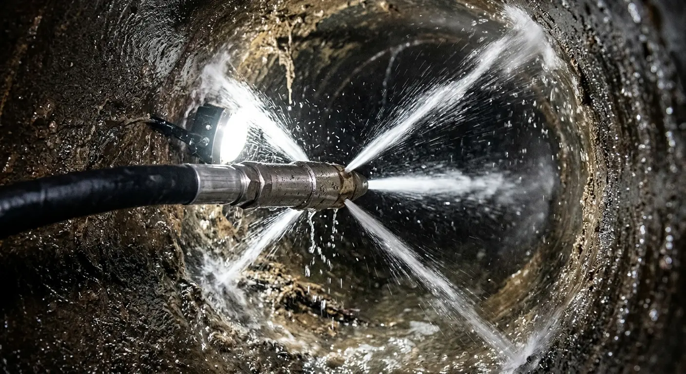 High-pressure hydro jetting nozzle cleaning sewer pipe for Trenchless Sewer Repair in Lee