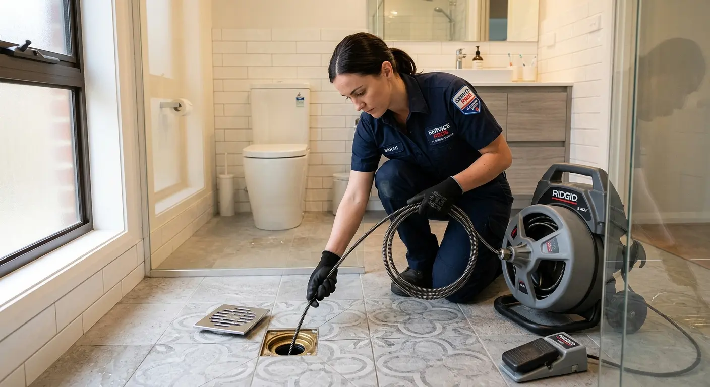 Technician clearing a bathroom floor drain for Hydro Jetting in Lee